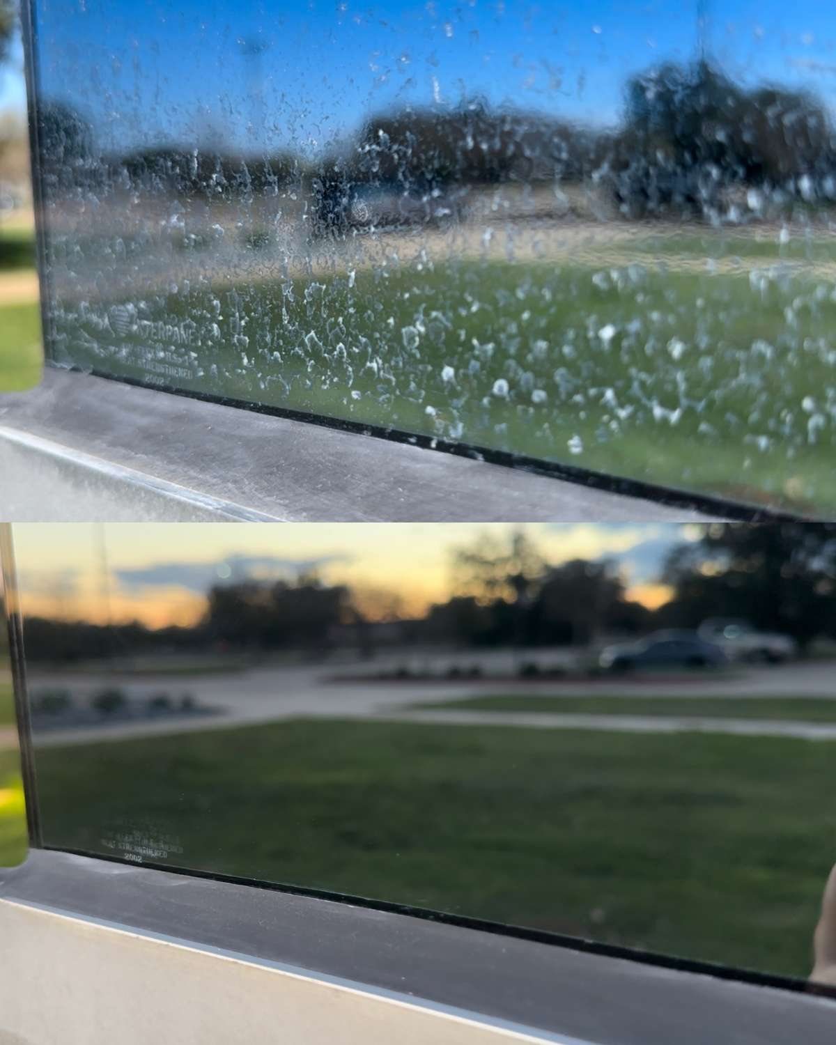 Split view of a stained window pane and the same pane restored